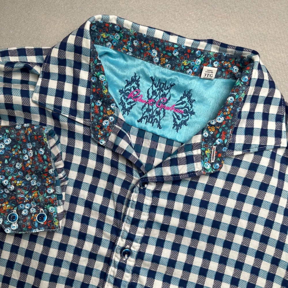 Robert Graham Shirt Mens 3XL Blue White Gingham Floral Trim Slim Fit Long Sleeve